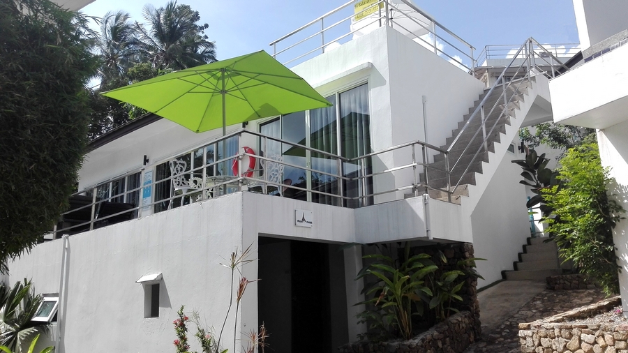 the exterior seen from the stone path on the terrace with swimming pool, parasol, garden furniture